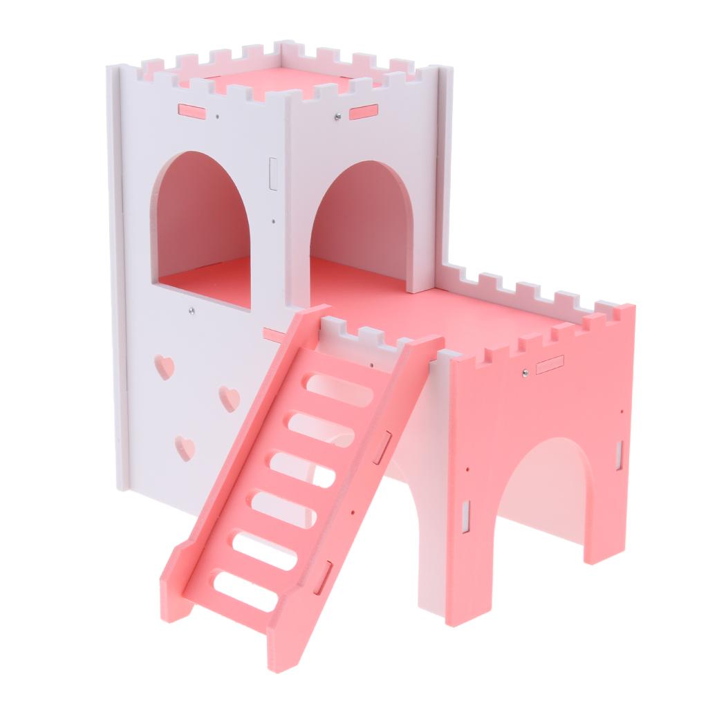 Hamster Hideout House Cabin Cages Wooden Villa Hut Play Toy Pink