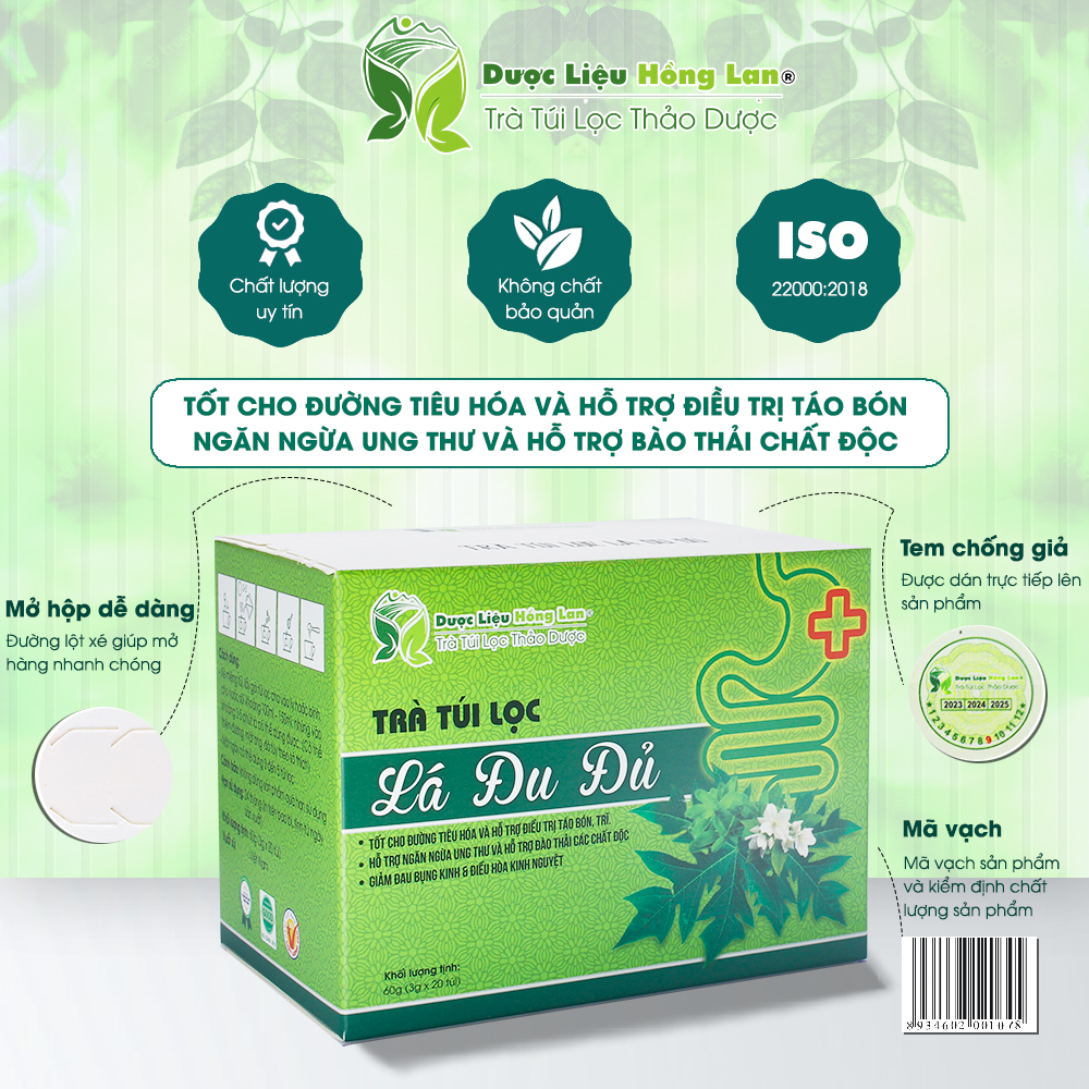 Trà Túi Lọc Lá Đu Đủ 60g (20gói x 3g) Dược Liệu Hồng Lan