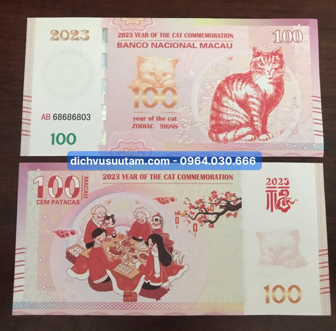 Tờ 100 Ma cao lưu niệm Tết 2023, TẾT SUM VẬY con Mèo, bảo an phát quang đẹp