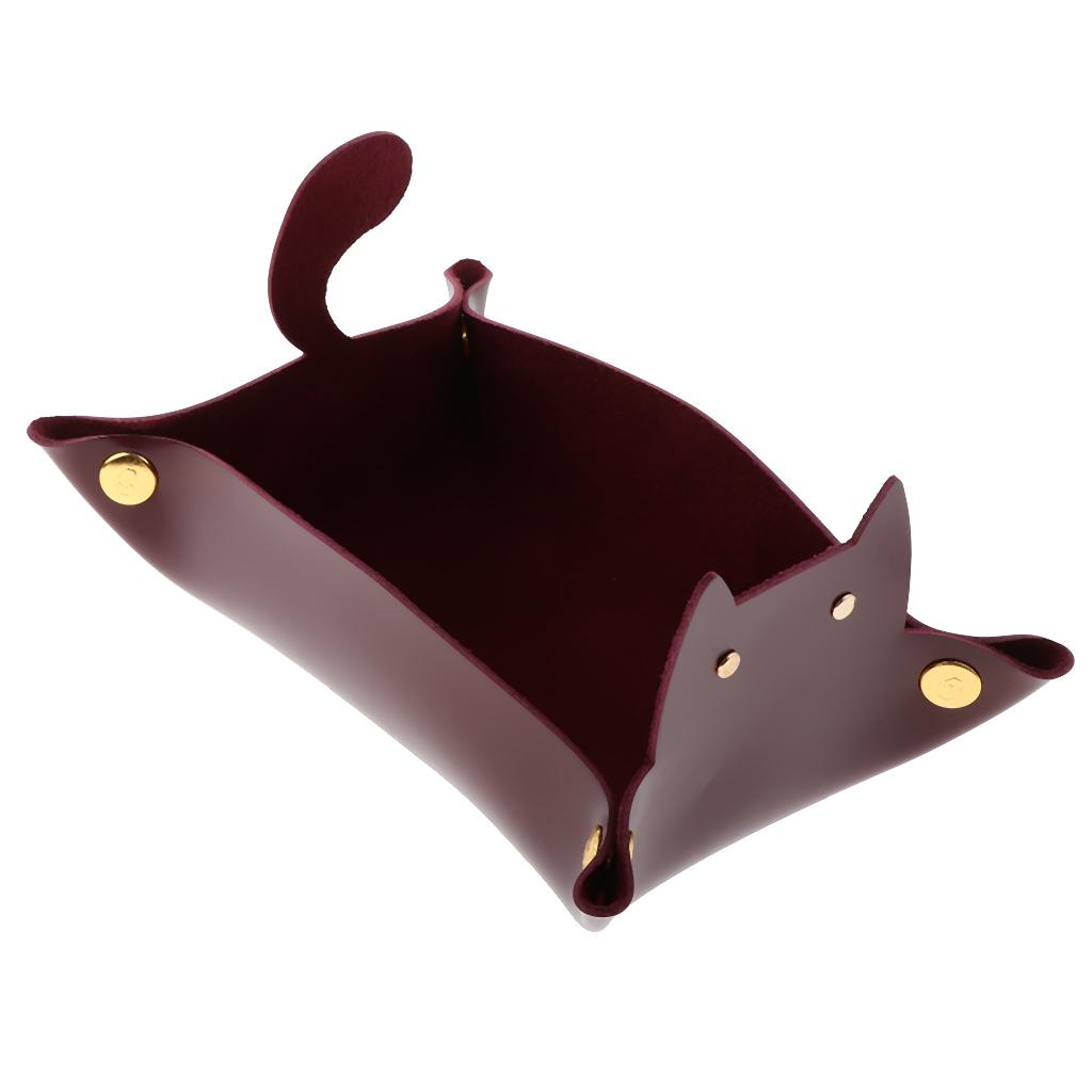 Cartoon Cat Key Storage Tray Change Organizer PU Leather Catchall  Red
