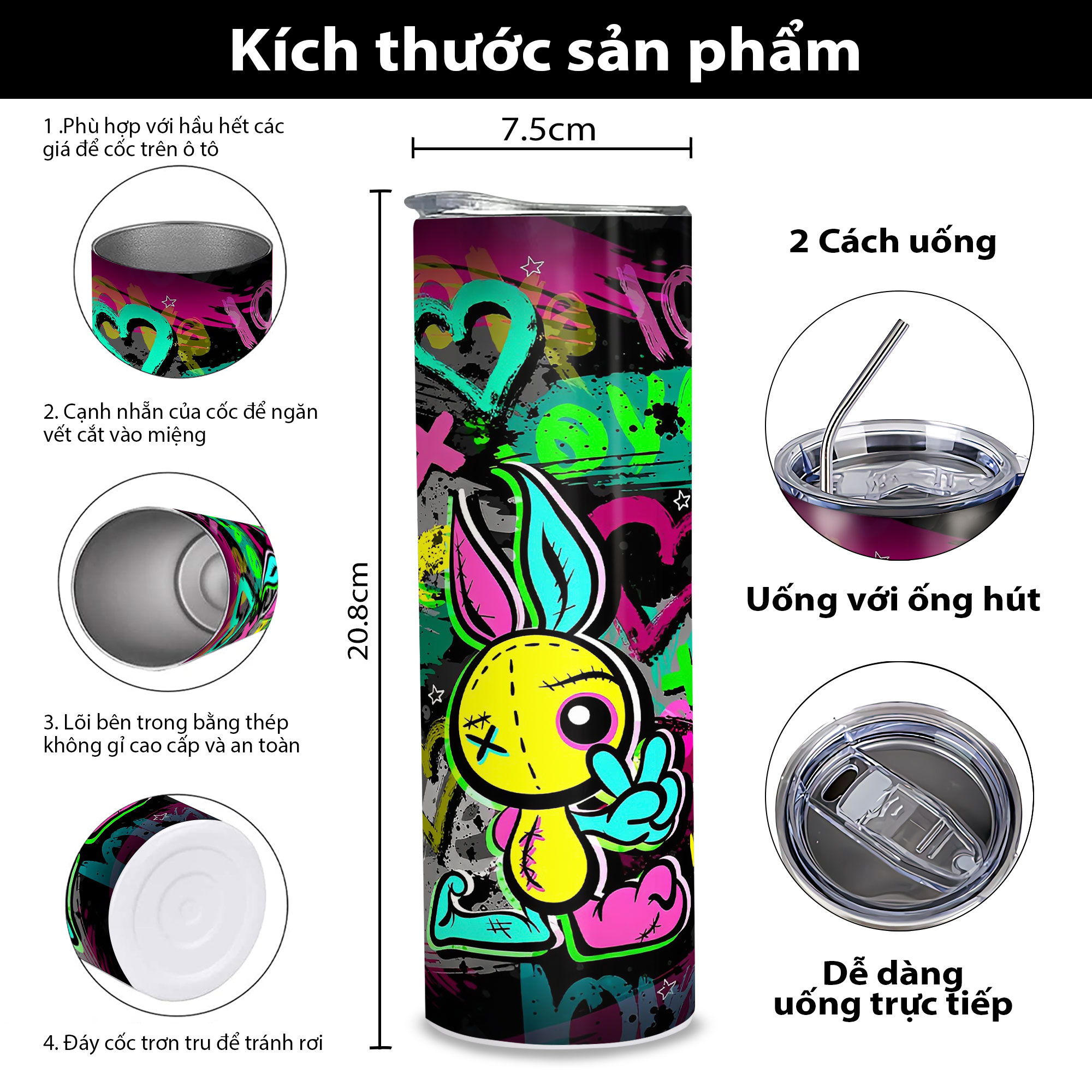 Bình nước thỏ 2 màu - Cốc giữ nhiệt thỏ 2 màu - Bình giữ nhiệt thỏ 2 màu 2 lớp thép không gỉ SUS304 - 600ml