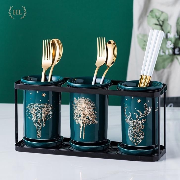 Sản phẩm ống đũa sứ 3 Xanh cổ vịt phong cách Bắc Âu - Hoạ tiết vàng kim - Khung thép