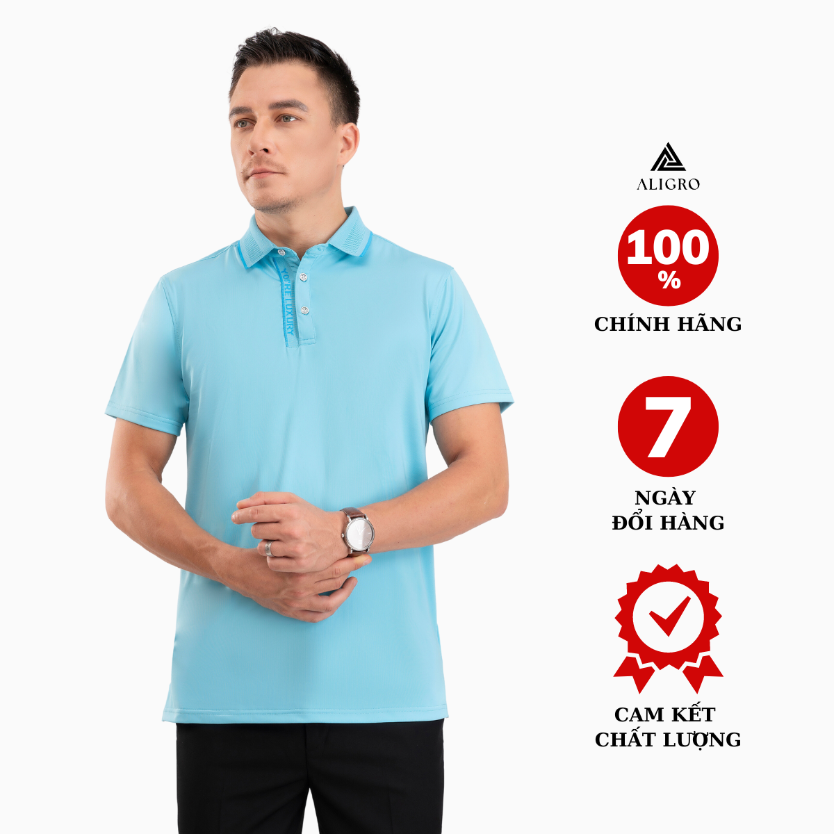 Áo polo golf nam ngắn tay ALIGRO chất vải coolmax màu xanh biển năng động ALGPLO105