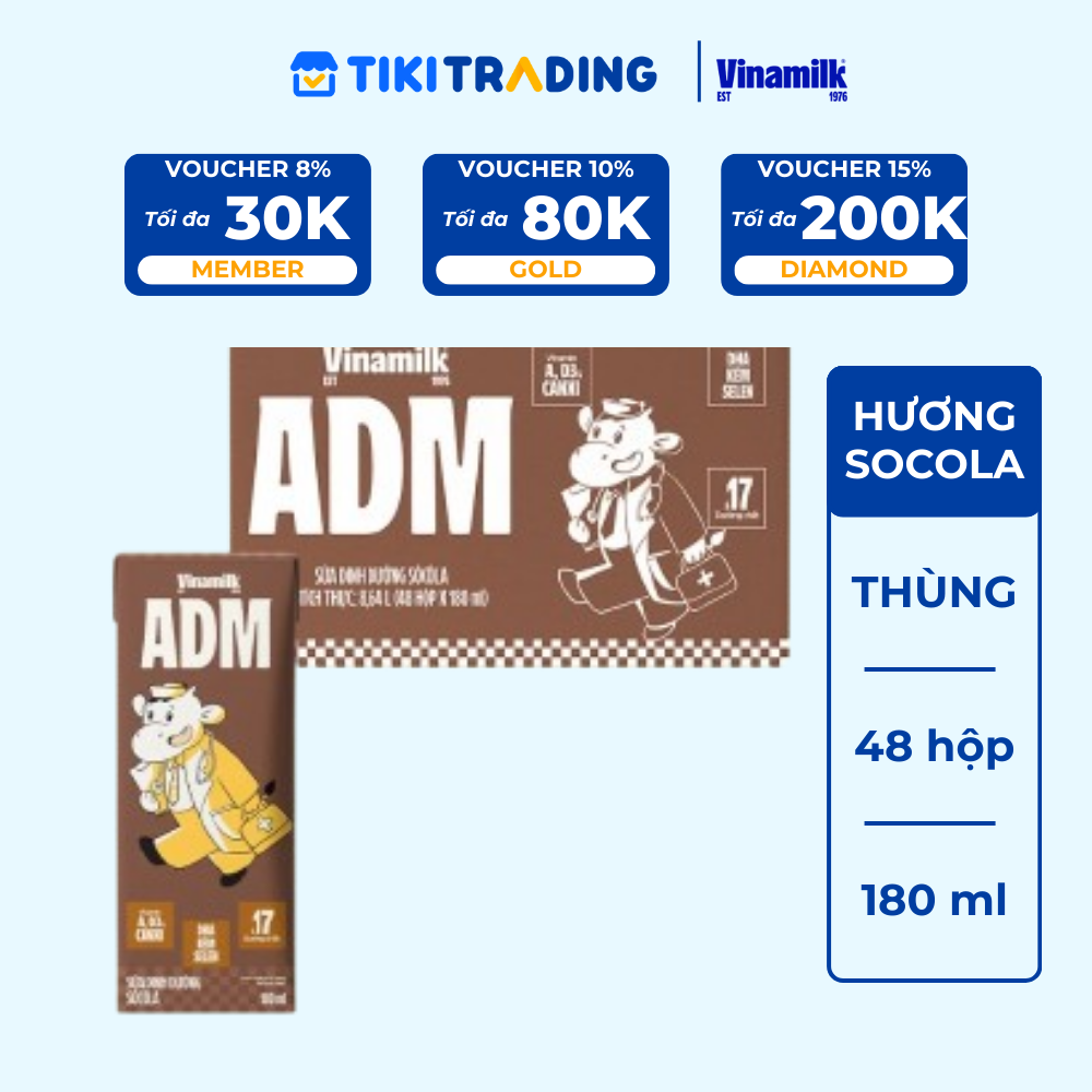 Thùng 48 hộp sữa dinh dưỡng socola Vinamilk ADM 180ml