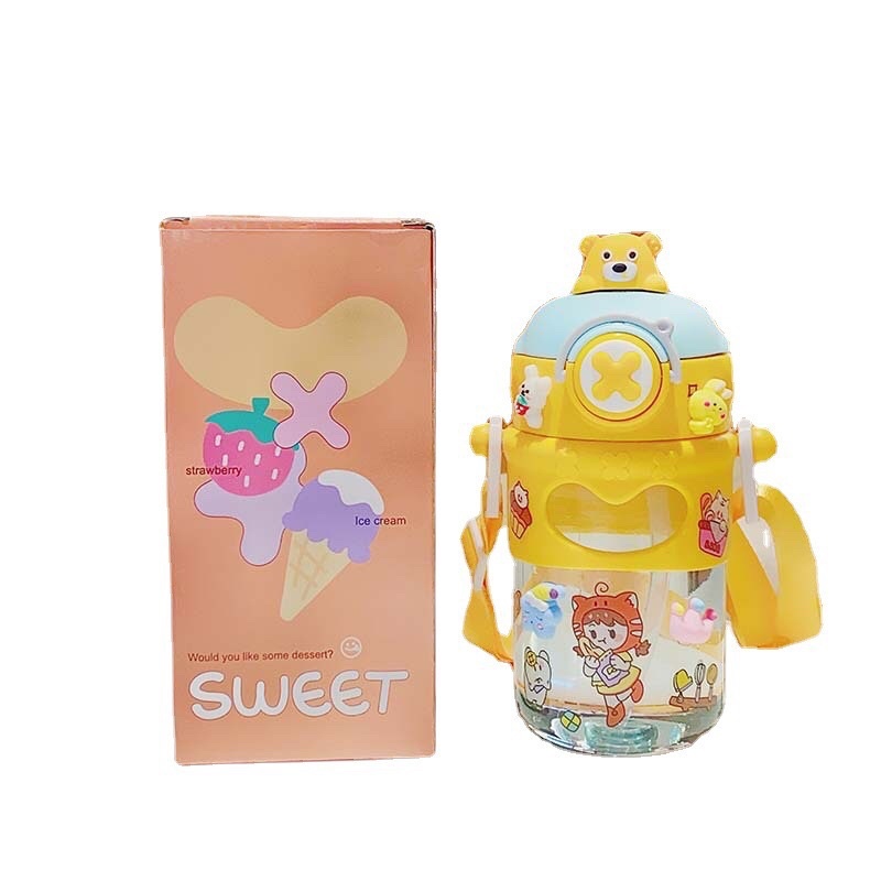 Bình Nước Sweet Siêu Dễ Thương 720ML Có Ống Hút, Dây Đeo