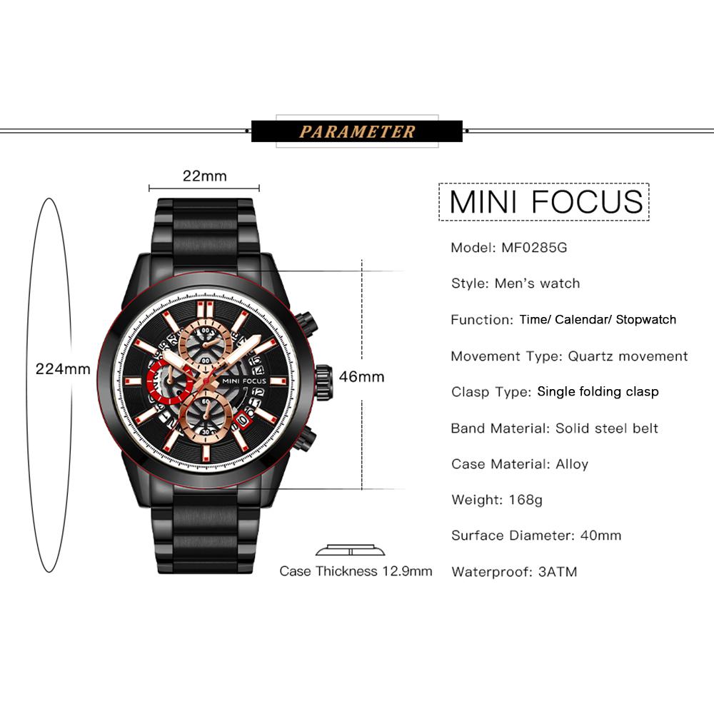 Đồng hồ Quartz Dây đeo bằng thép Hiển thị thời gian & Lịch Chức năng Chống thấm nước 3ATM MINI FOCUS