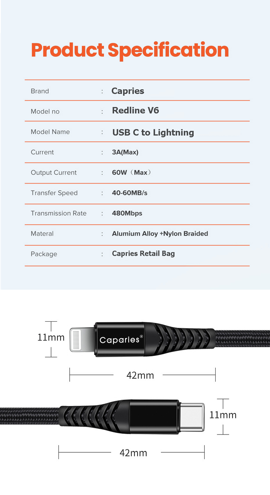 Dây Cáp Sạc Caparies 60W Type C To Lightning Cho iPhone, Airpod, ipad CPRV6 - Hàng Chính Hãng