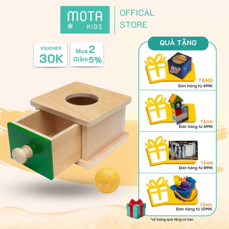Đồ chơi hộp thả bóng có ngăn kéo cho bé từ 9-12 tháng Montessori Mota- Rèn sự tập trung &amp; đôi tay- Hàng chính hãng