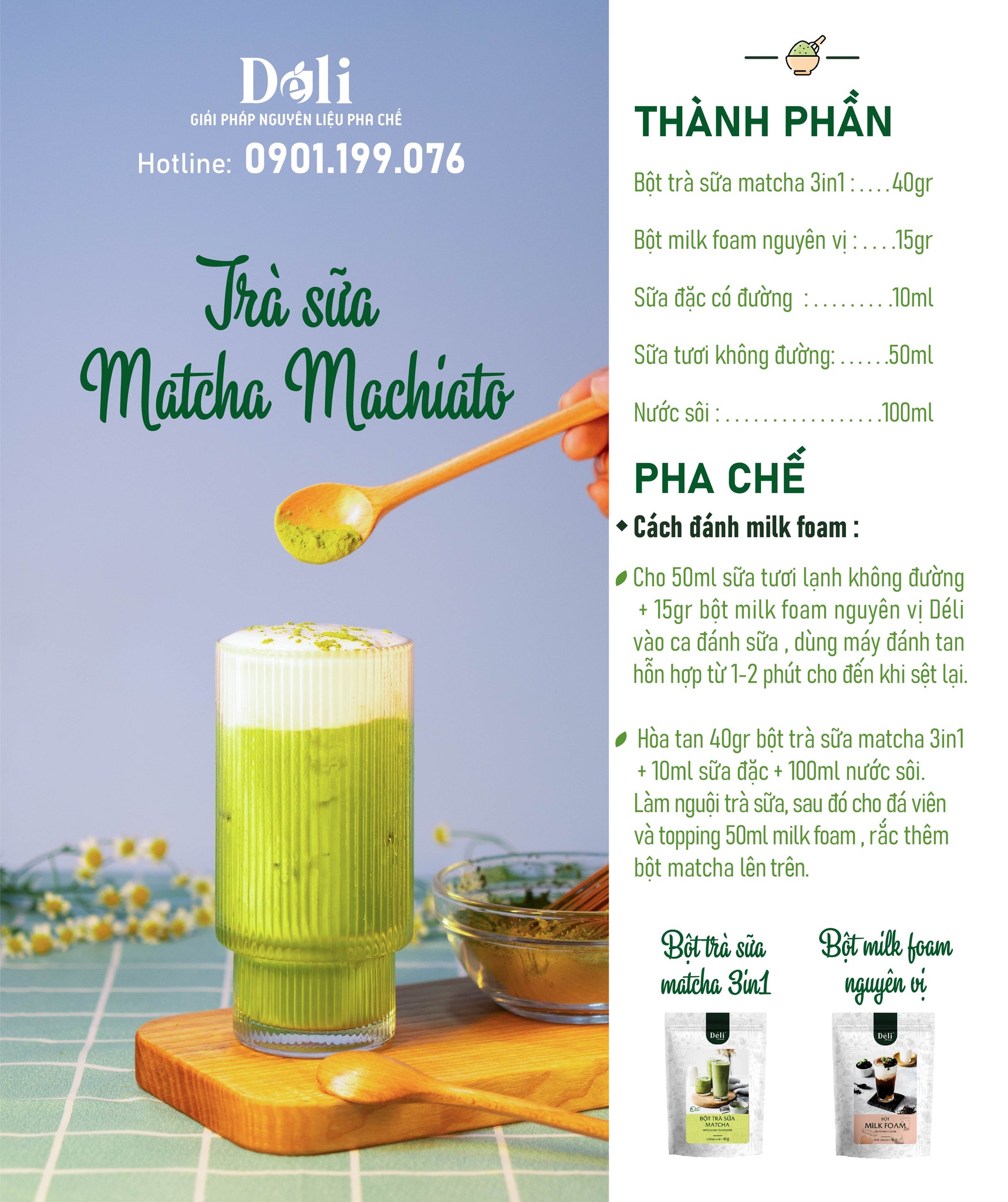Hình ảnh Bột Trà Sữa Matcha 3in1 Déli - 250gr Pha Chế Trà Sữa Tiện Lợi, Nhanh Chóng