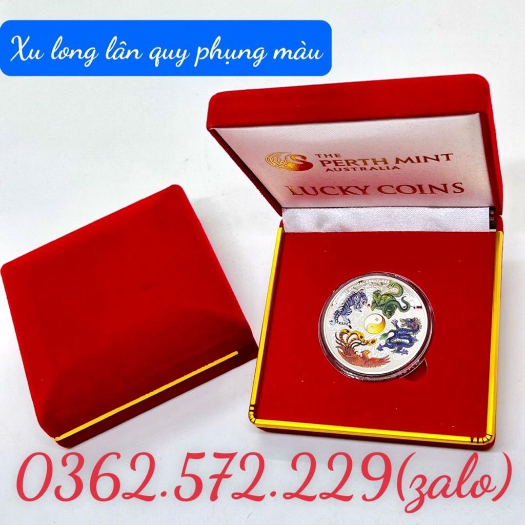 Đồng Xu Tứ Linh Mạ Bạc In Màu 3D Phong Thủy May Mắn Tặng Hộp Nhung , Móc Khóa, Túi Gấm Đỏ may mắn