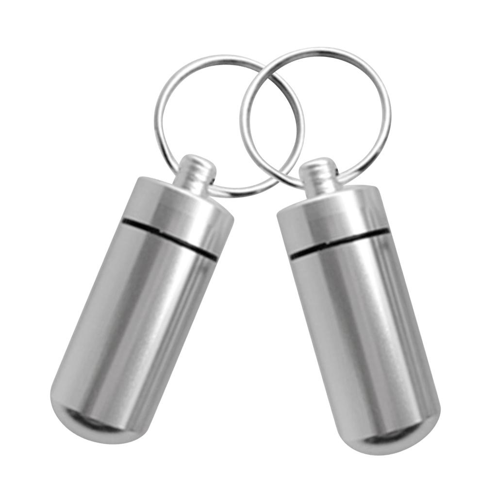 2pcs Aluminum Alloy Waterproof Key Ring Container Pill Storage Box Case Silver