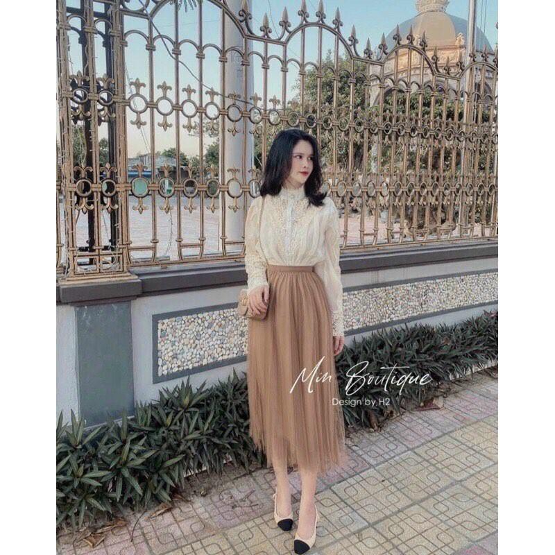Chân váy xếp ly midi dài lưới hàng đẹp cho nữ