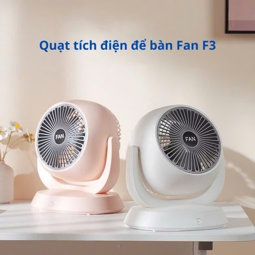 Quạt Tích Điện F3 Xoay 180 Độ Để Bàn - 3 Cấp Độ Gió, Mini Sạc Type C - HÀNG CHÍNH HÃNG MINIIN