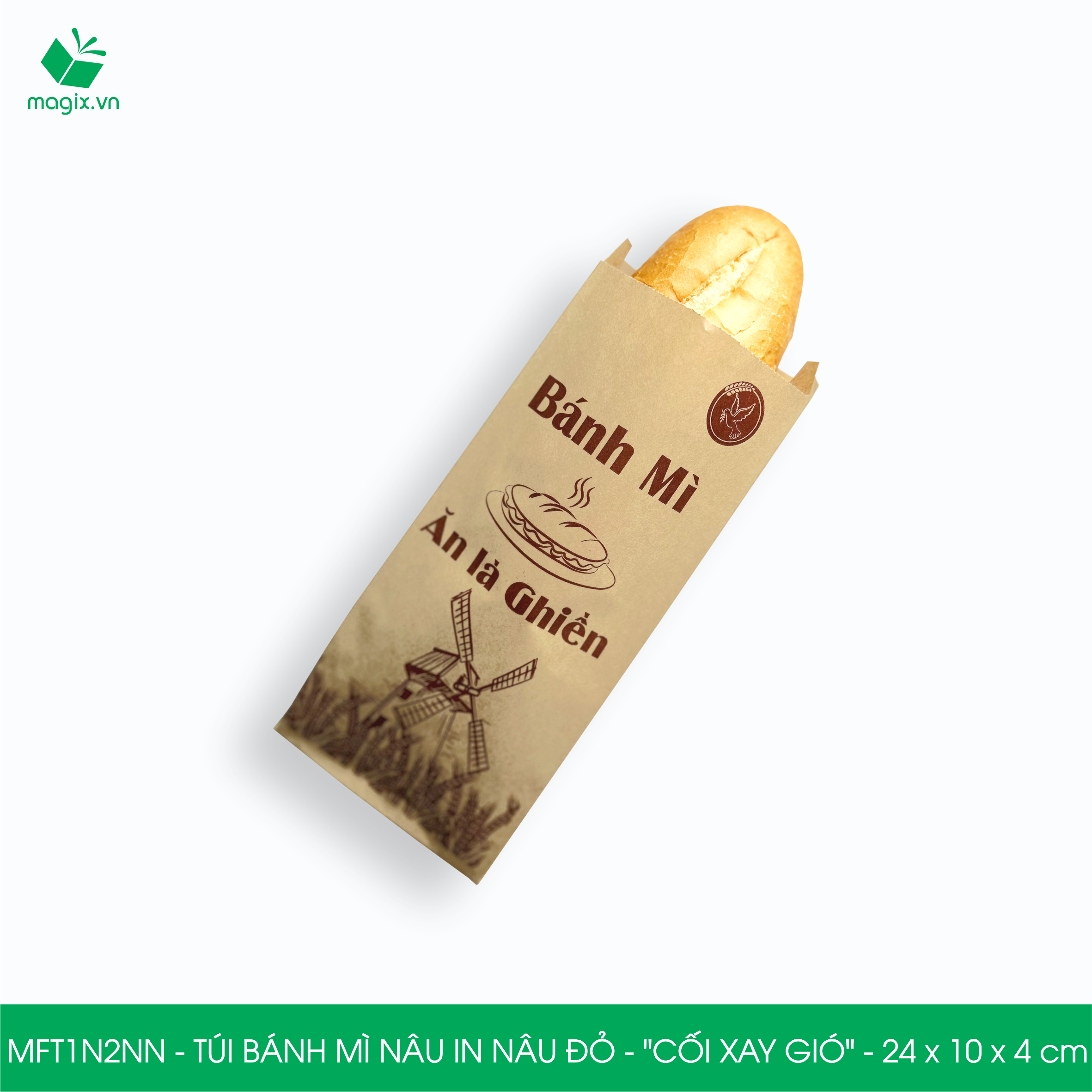 MFT1N2NN - 24x10x4 cm - 500 Túi bánh mì Nâu, in sẵn họa tiết CỐI XAY GIÓ - Bao bánh mì Túi giấy thực phẩm an toàn