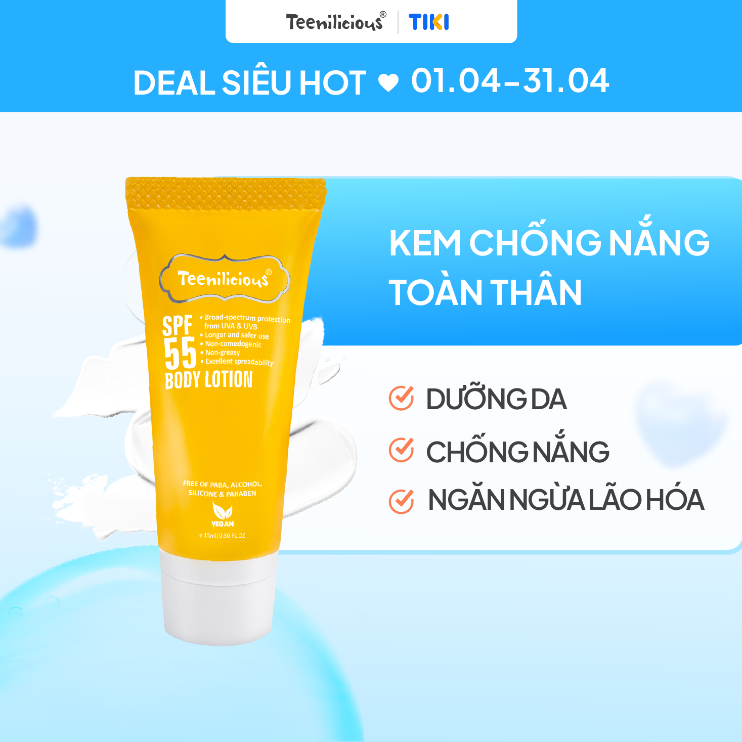 [Mini Size] Sữa Dưỡng Thể Chống Nắng Teenilicious SPF55 Body Lotion 15ml, PA+++, Dành Cho Da Dầu Và Nhạy Cảm