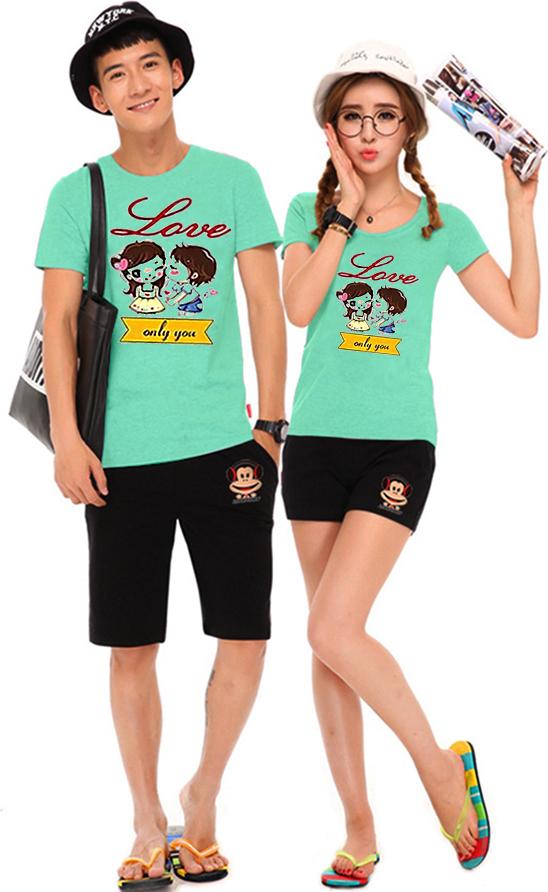 Bộ Áo Thun Đôi Nam Nữ Chỉ Yêu Màu Xanh Ngọc - XL - M