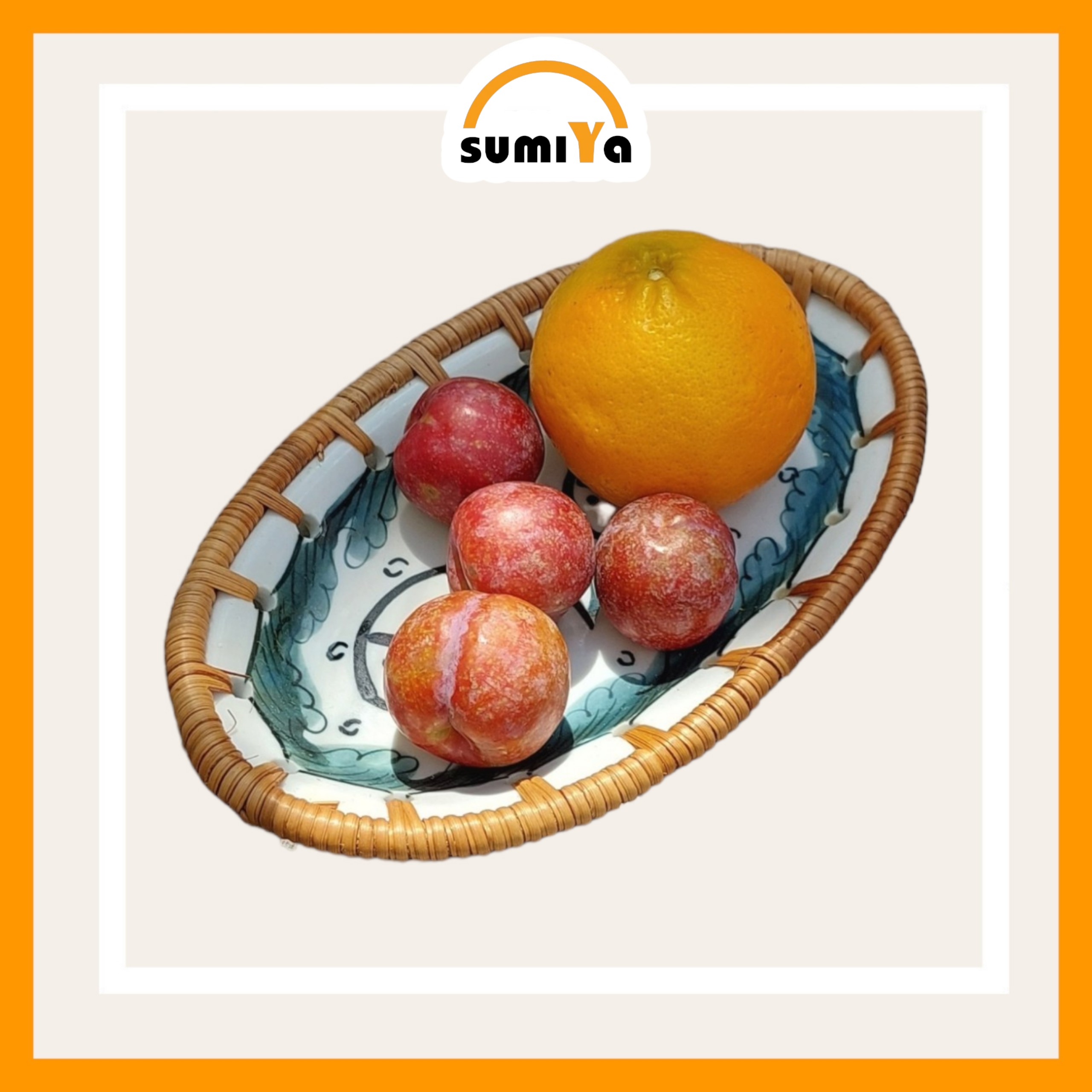 Đĩa mây xiên khảm sứ oval, đĩa mây tự nhiên đựng trái cây, bánh kẹo, trang trí