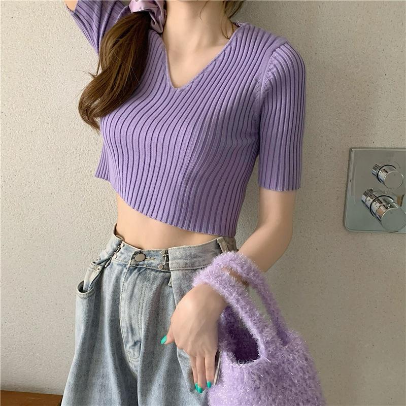MS263 Áo len tăm cổ tim croptop