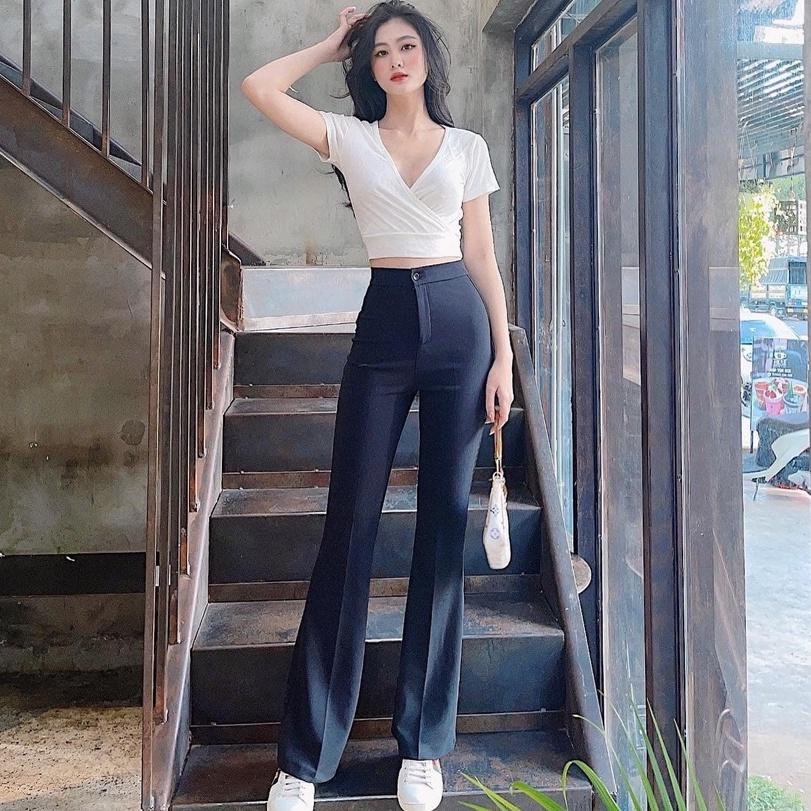 Quần ống loe cạp cao vải co giãn nhẹ tôn dáng kéo dài chân D'Lily Store