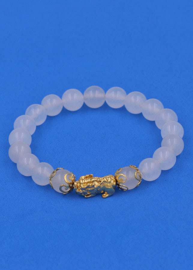 Chuỗi đeo tay Thạch Anh Trắng 8 ly - cẩn Tỳ Hưu Phong thủy inox vàng VTATTHHKV8 - hợp mệnh Kim, mệnh Thủy