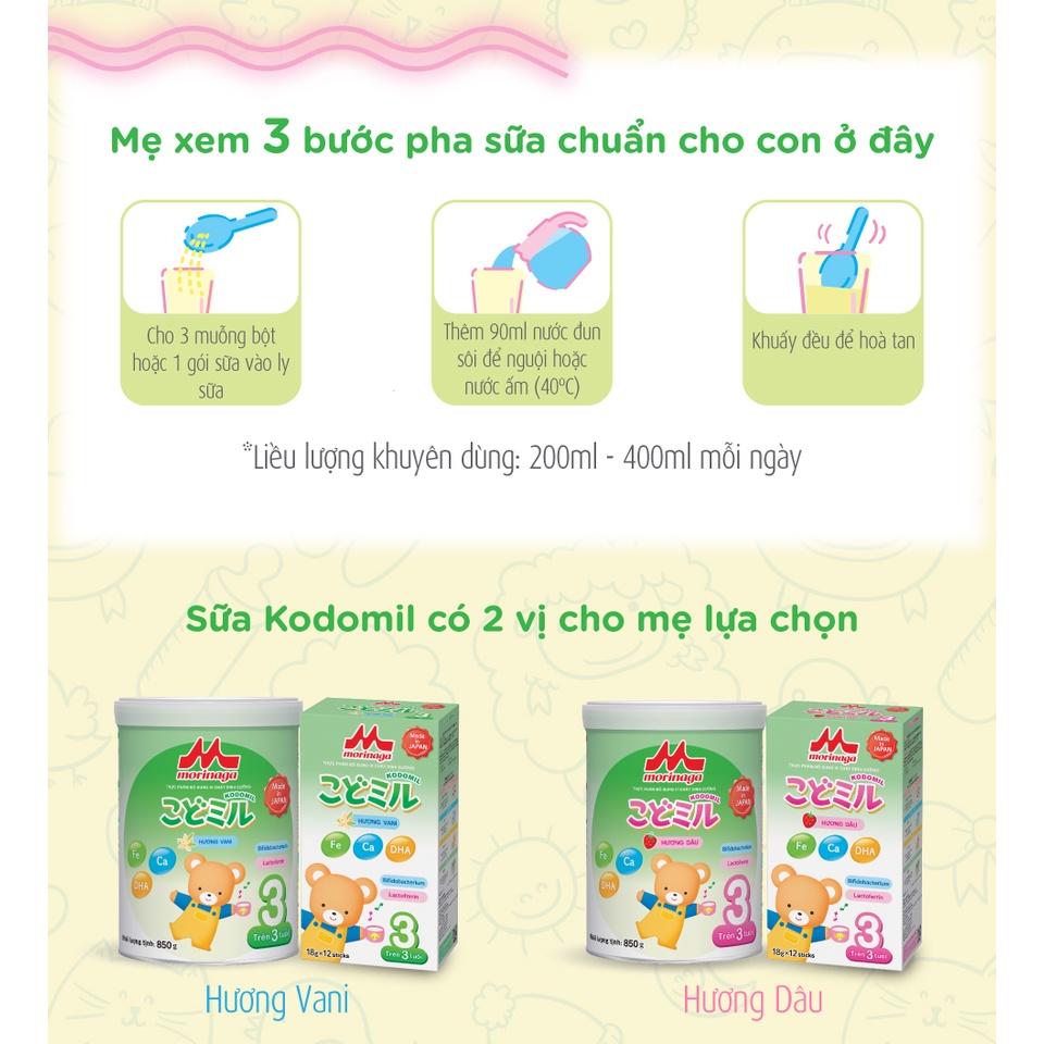 Combo 2 hộp sữa Morinaga  số 3 Kodomil 850grhộp hương vani / Hương dâu (hàng nguyên đai, nguyên tem chính hãng)