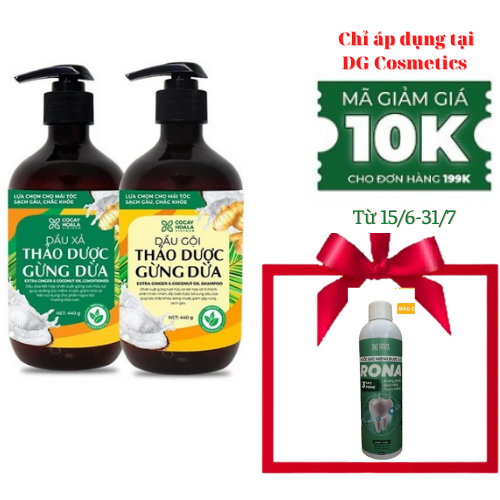 Bộ Dầu Gội Xả Gừng Dừa Hữu Cơ Cocayhoala Ngăn Rụng Kích Thích Mọc Tóc - Giảm Gàu - Ngừa Cảm Lạnh - Dưỡng Tóc Mềm Mượt Chắc Khỏe Chai 440g + Tặng 1 Nước Súc Miệng Dược Liệu Rona Cocayhoala Sạch Răng - Khử Mùi Hôi - Ngừa Viêm Lợi, Chai 180ml