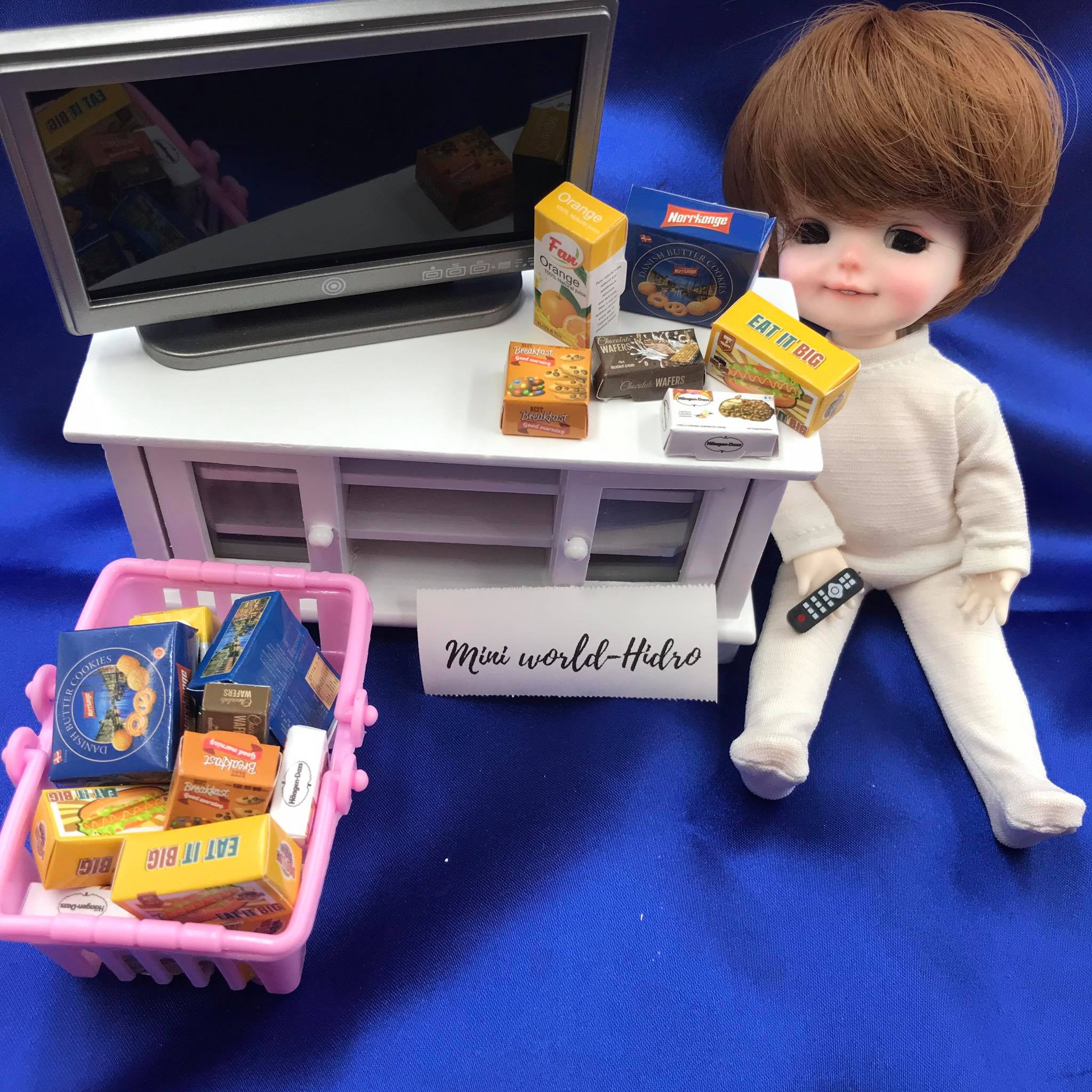 Combo hộp bánh kẹo nước cam bánh mì đồ hộp mini mô hình tí hon dùng cho trang trí nhà búp bê Barbie, BJD tỉ lệ 1/8, 1/12