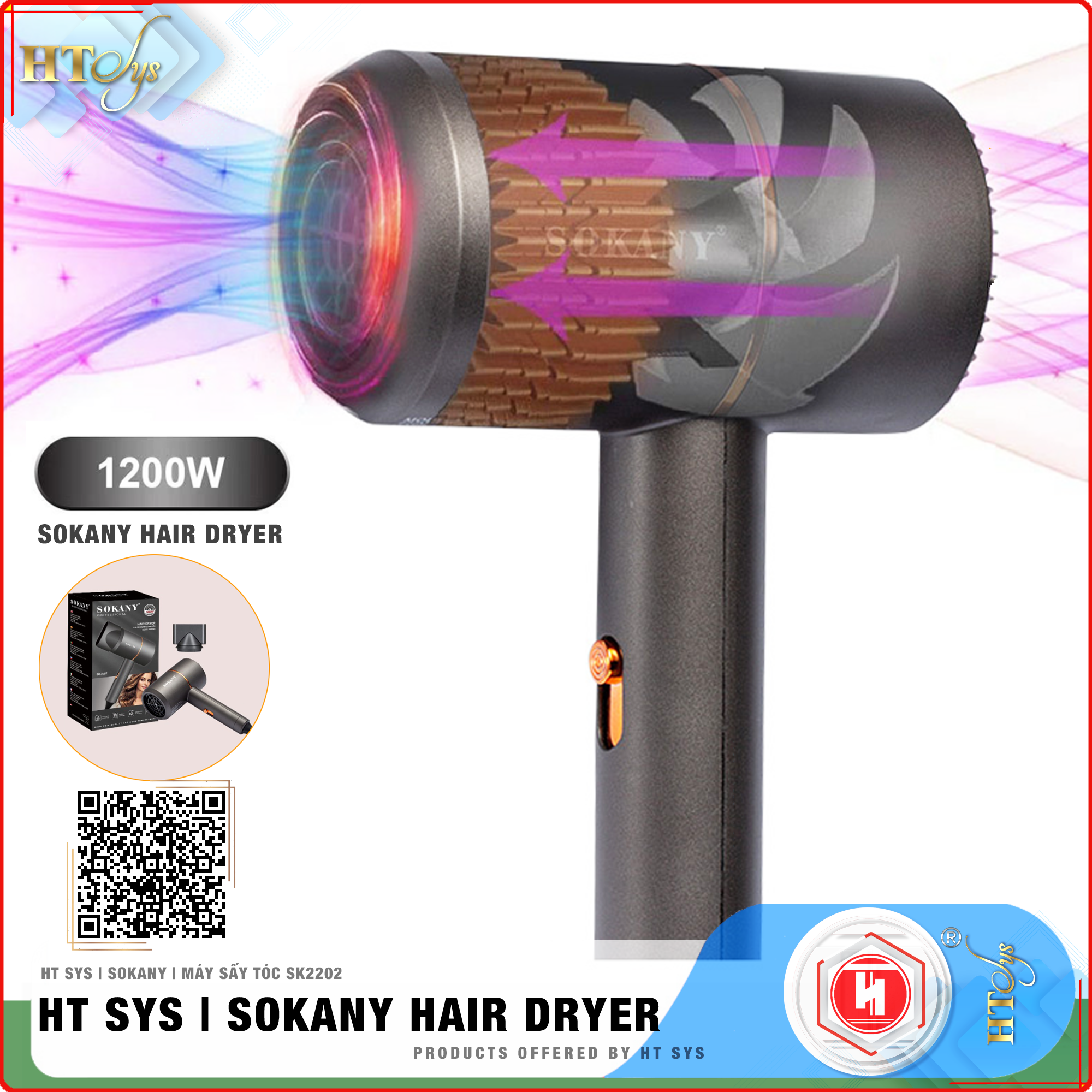Máy sấy tóc ion âm HT SYS - SOKANY2202 - Kiểu dáng sang trọng, tiện lợi, công suất 1200W chuyên dụng tại nhà và hair salon - Máy sấy bổ sung ion dưỡng ẩm làm mềm mượt tóc - [Hàng Nhập Khẩu]