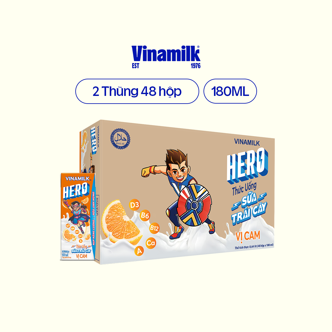 2 Thùng Thức uống sữa trái cây vị cam Vinamilk Hero 180ml - 48 hộp/Thùng