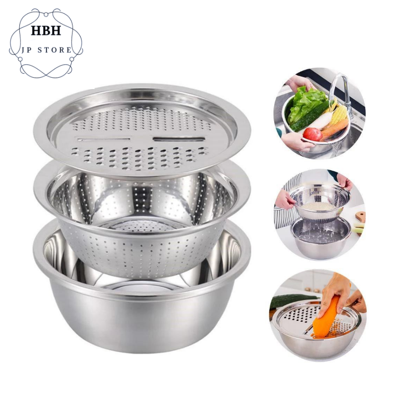 Rổ bào inox có chậu, Mâm nạo củ quả tiện lợi 3 trong 1( tặng kèm 1 dụng cụ nạo hoa quả)