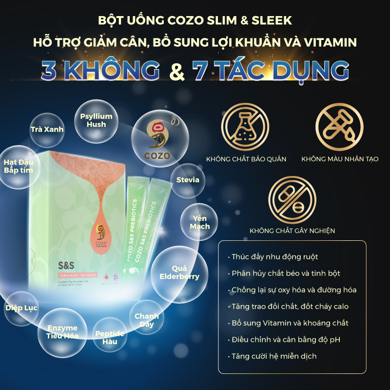 Bột Hỗ Trợ Kiểm Soát Cân Nặng, Phân Hủy Chất Béo Cozo Slim Sleek, Chống Phản Ứng Đường Hóa, Giúp Cơ Thể Thải Độc, Da Đẹp Dáng Xinh