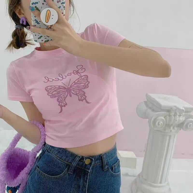 Áo thun croptop bươm bướm hồng