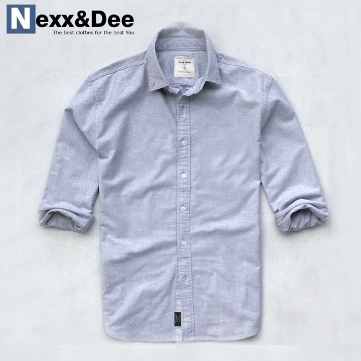Áo sơ mi nam tay dài màu trắng công sở không túi vải oxford denim cao cấp ND02