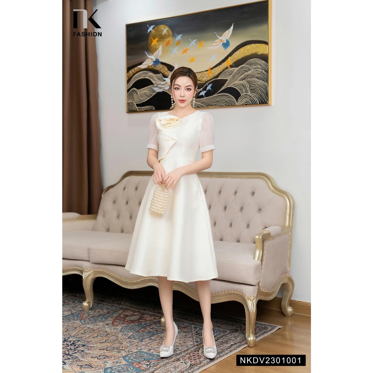 Đầm Gấm Xếp Hoa NK FASHION Dáng Xòe Trẻ Trung Thanh Lịch Chất Vải Nhập Hàn Cao Cấp Không Nhăn NKDV2301001