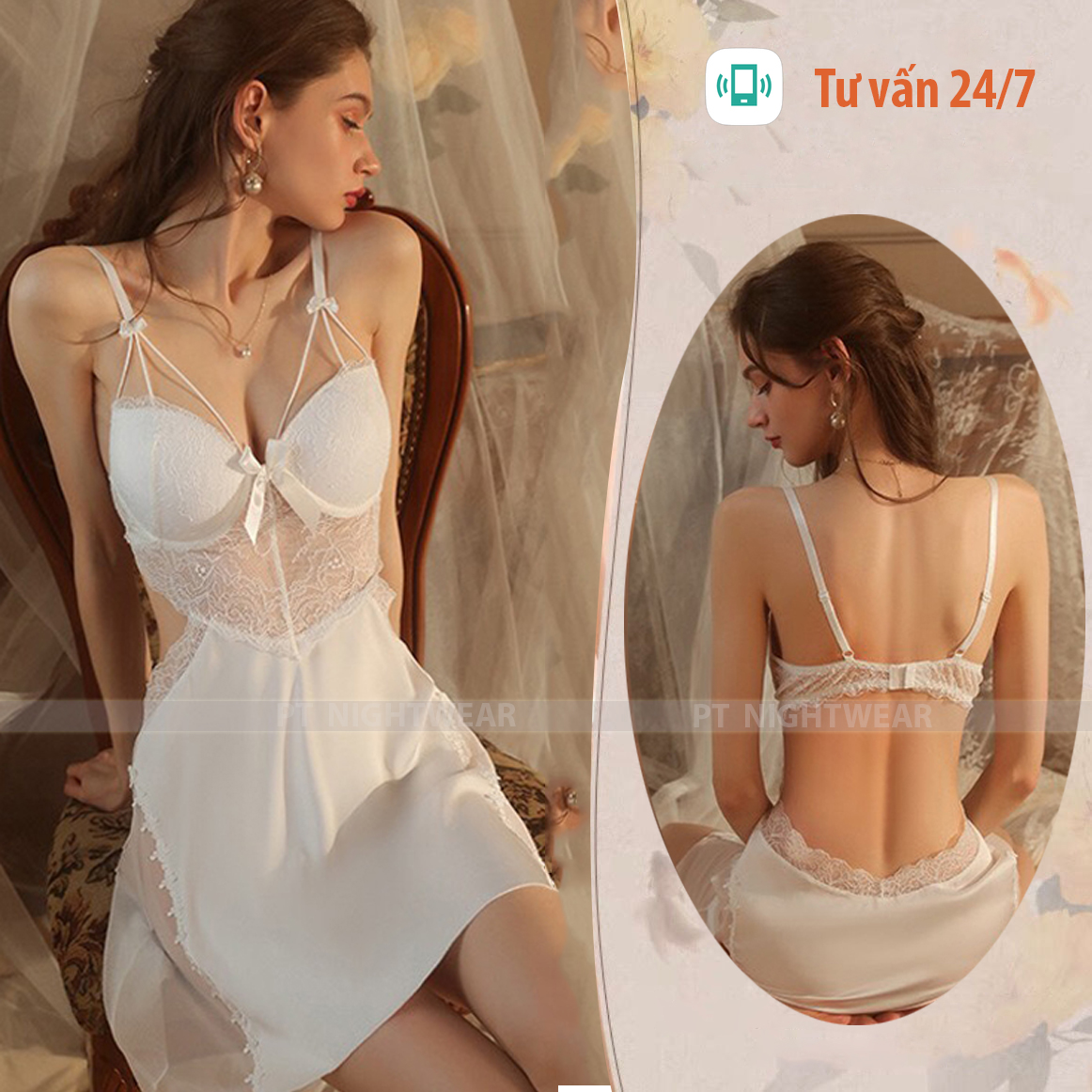 Váy ngủ 2 dây lụa phối ren hở lưng kèm mút ngực sexy P23 - Đầm ngủ nữ gợi cảm - Đồ ngủ nữ sexy