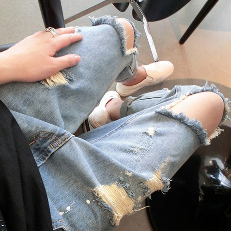 Quần Jeans Nữ Dài Rách Gối Kiểu Dáng Baggy Thời Trang Hàn Quốc
