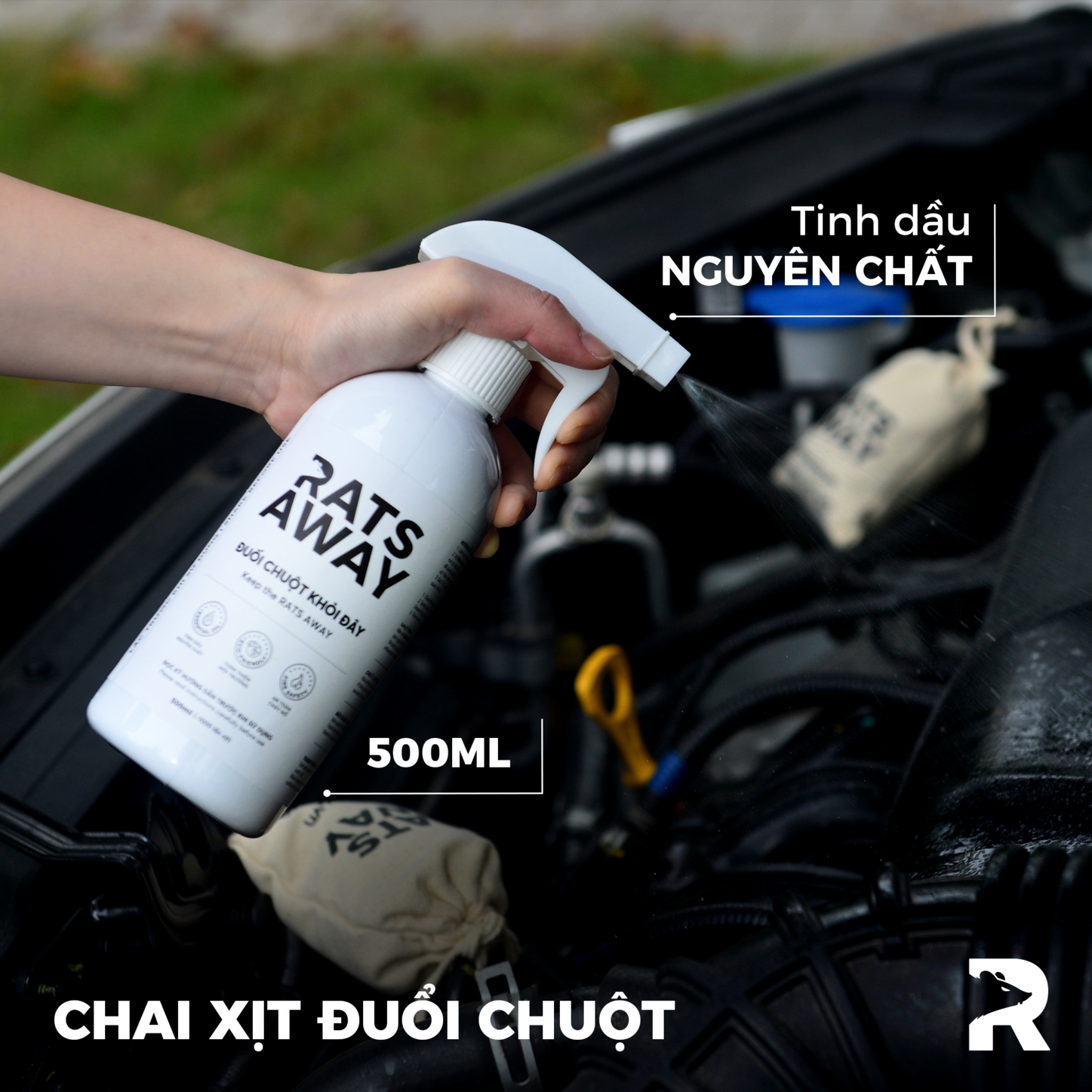 Combo đuổi chuột cho ô tô: Chai xịt 500ml + Túi treo RATS AWAY