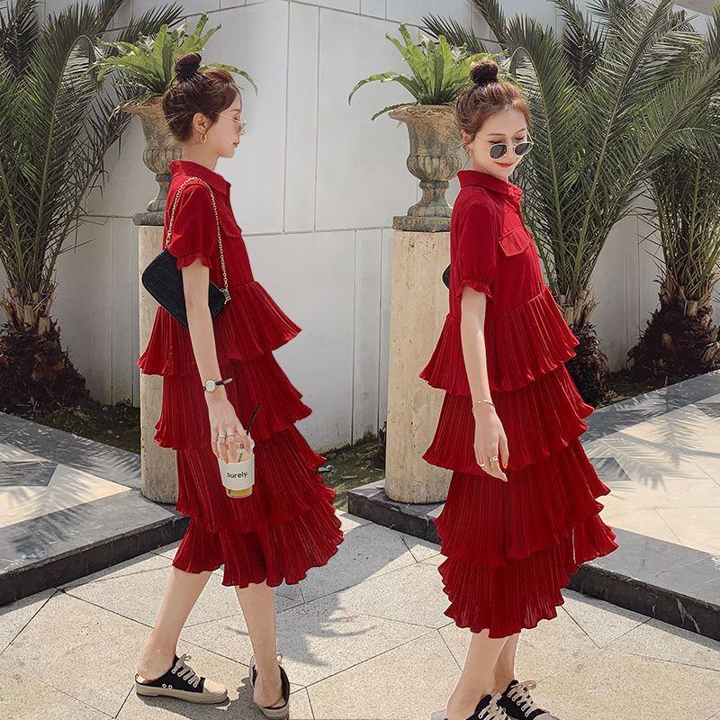 SHUANGYAN Blue Sea Yueno Fairy Mori Dress Platterone váy mối tình đầu màu đỏ 2023 mùa hè khí chất bánh váy chiffon đầm