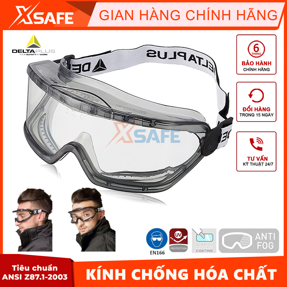 Kính bảo hộ chống hóa chất Deltaplus Galeras Mắt kính đeo được cùng kính cận, điều chỉnh, chống bụi , chống đọng sương
