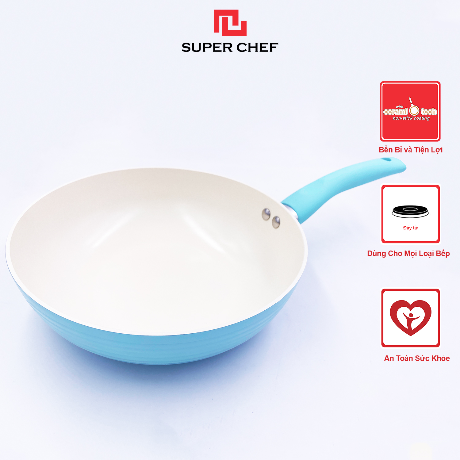 Chảo Xào Chống Dính Ceramic Đáy Từ Chef Blue Thiết Kế Vân Sóng Mới, Sang Trọng Đảm Bảo An Toàn Sức Khỏe, Siêu Bền Bỉ, Không Bong Tróc Size 24cm