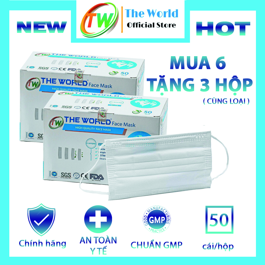 [ Combo mua 6 hộp tặng 3 hộp] [HỘP-50 CÁI] Khẩu trang y tế 4 lớp The World kháng khuẩn, bụi mịn - Hàng Chính Hãng The World