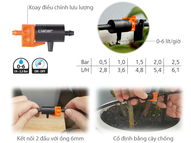 Bộ Tưới Cây Nhỏ Giọt DRIPKIT10TC Claber Sản Xuất tại Ý,10 đầu tưới nhỏ giọt điều chỉnh được lưu lượng 0-6l/giờ