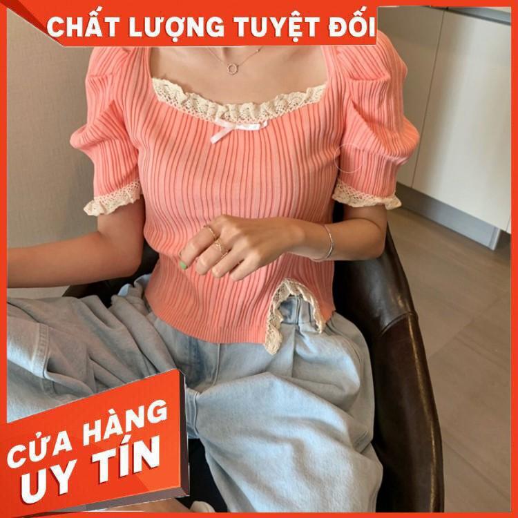 HÀNG CAO CẤP -  Áo Dệt Kim Ngắn Tay Cổ Vuông Phối Ren Xinh Xắn Cho Nữ - Hàng Cao Cấp