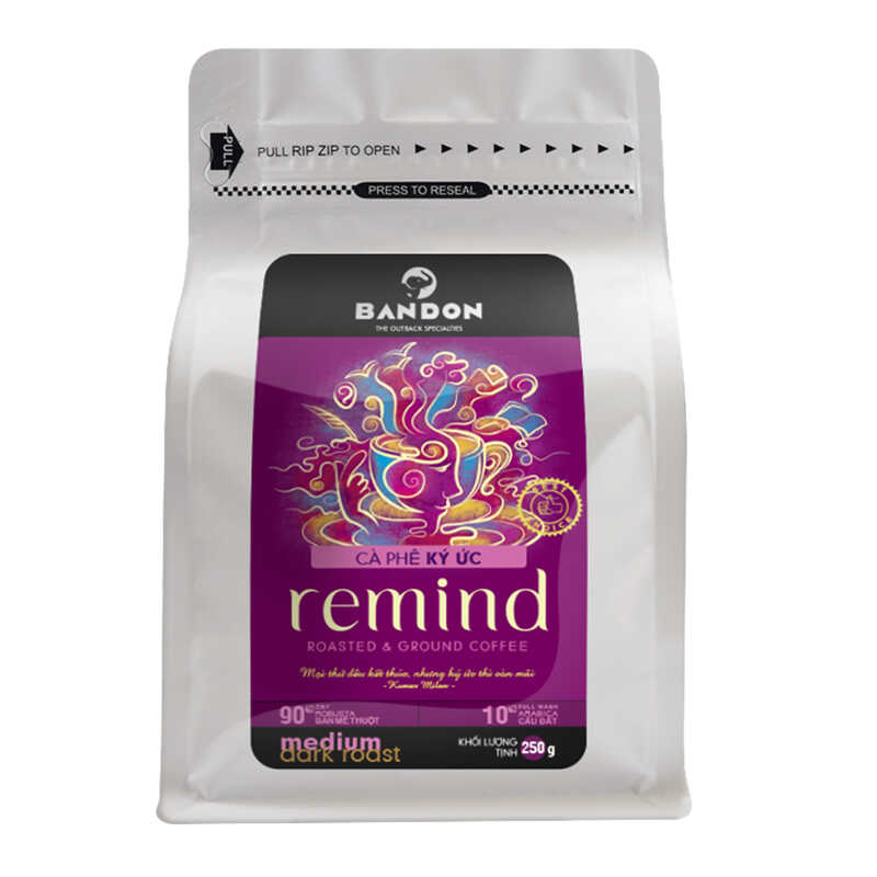 Cà phê phin nguyên chất rang xay mộc sạch BANDON REMIND 250g đắng đậm, thơm mạnh. Cà phê đặc sản