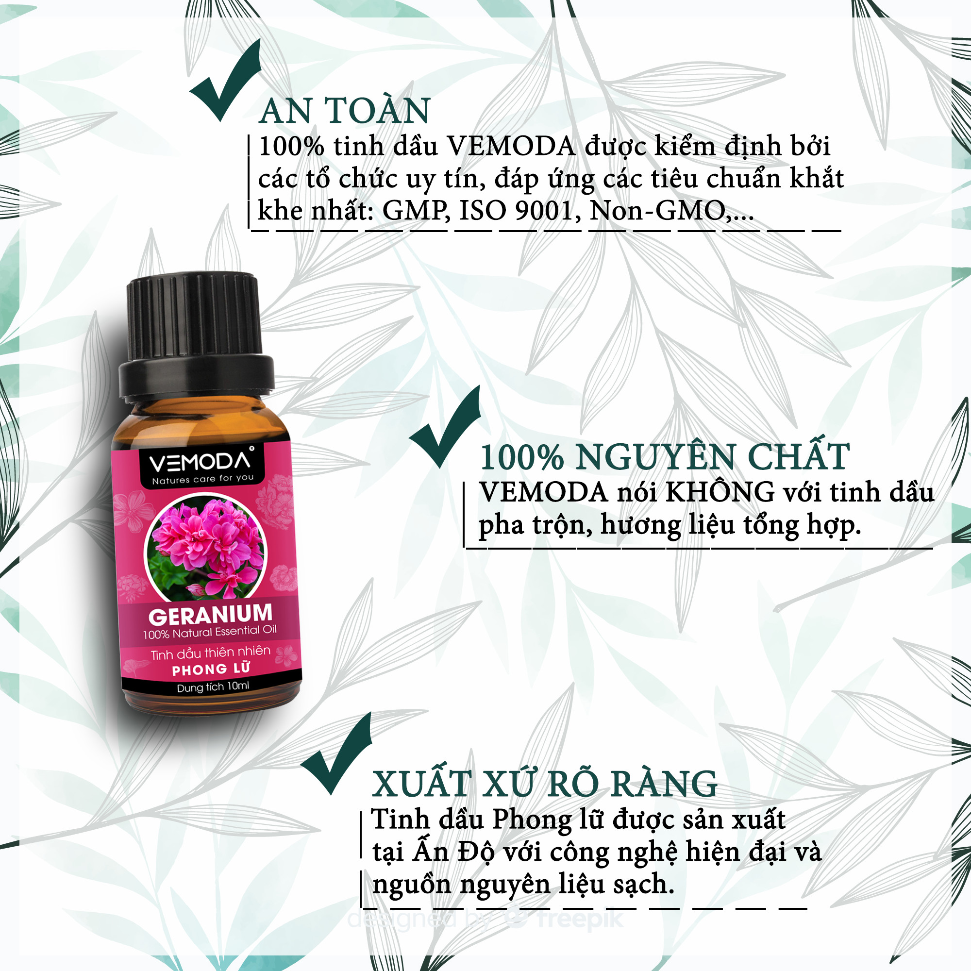 Tinh dầu Phong lữ cao cấp. Geranium Essential Oil. Tinh dầu xông phòng giúp kháng khuẩn, nấm, giảm căng thẳng, chăm sóc da. Tinh dầu thơm phòng cao cấp Vemoda