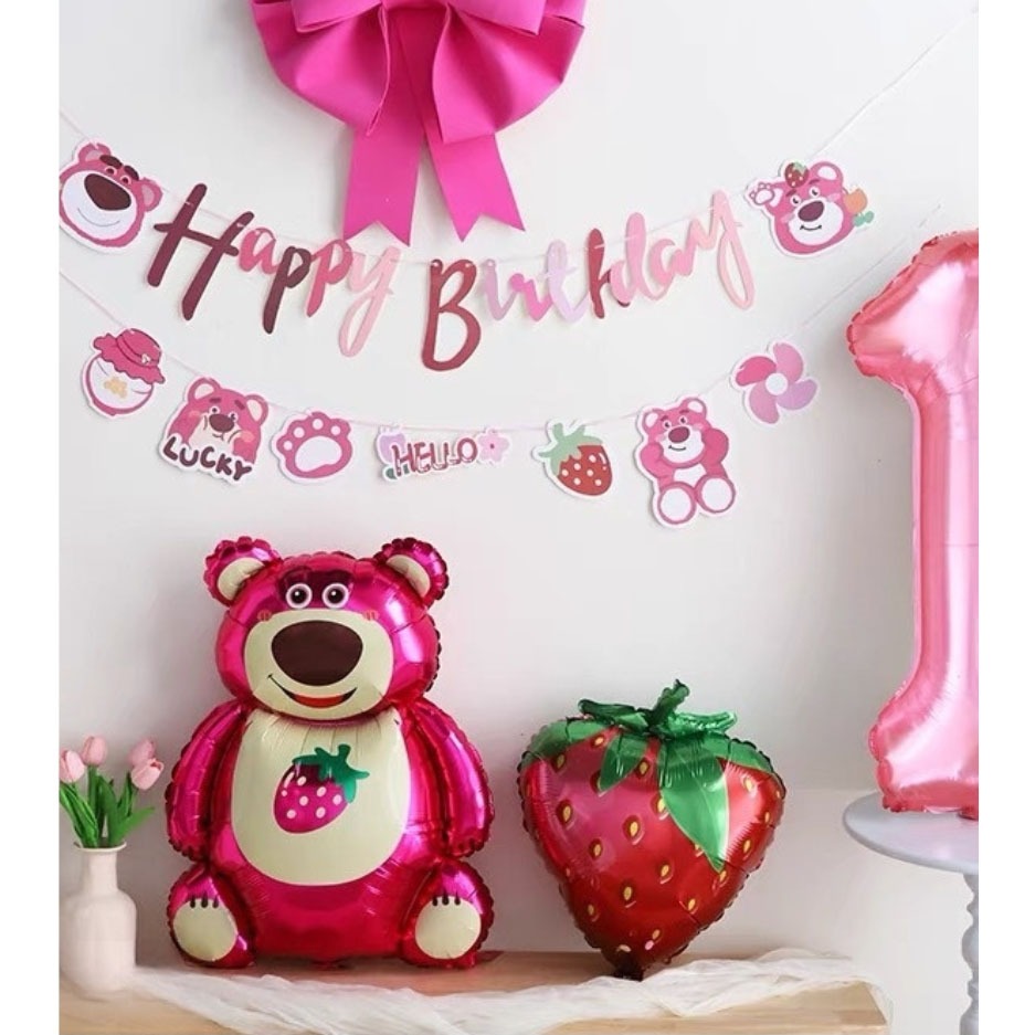 Dây treo chữ happy birthday hình gấu dâu trang trí sinh nhật