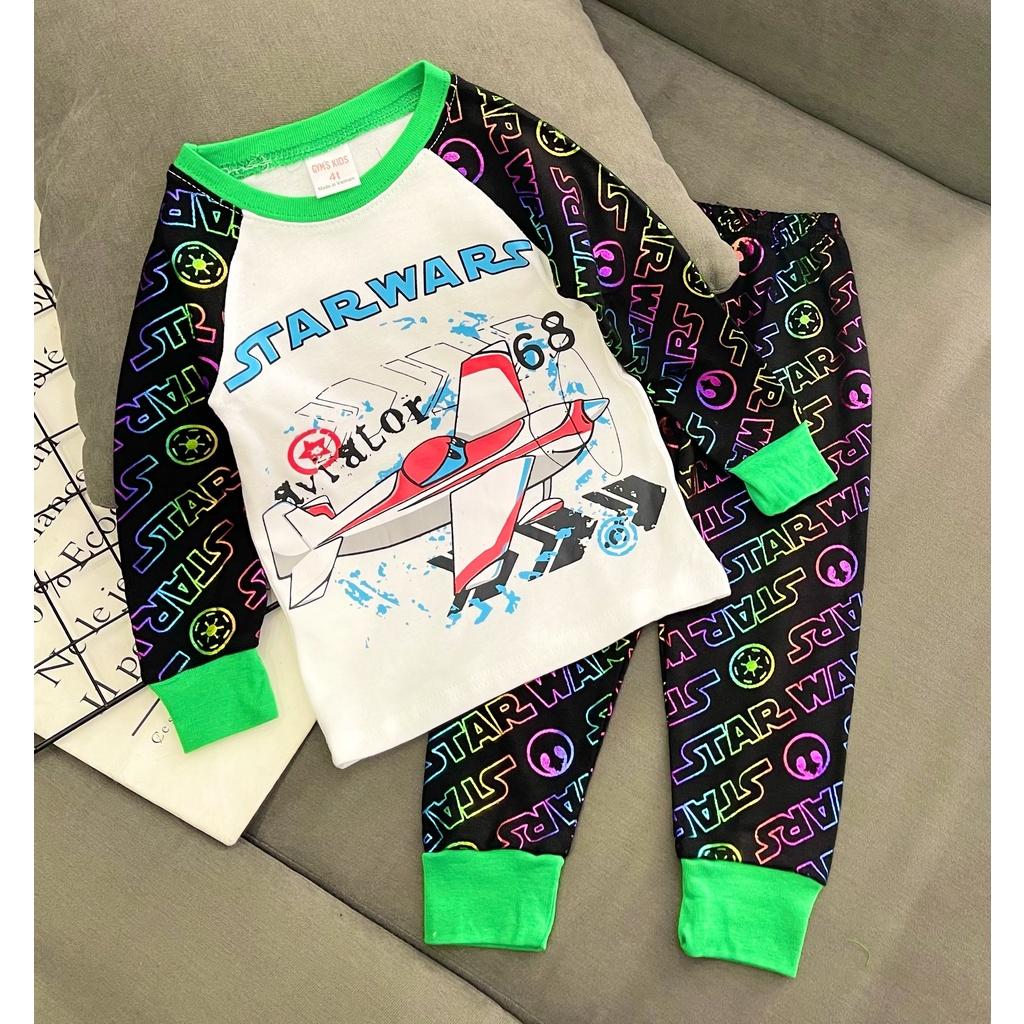 Bộ dài tay bé trai thun cotton borip xuất dư mềm mịn, in hoạt hình siêu cưng, Bộ đồ ngủ- đồ thu đông cho bé