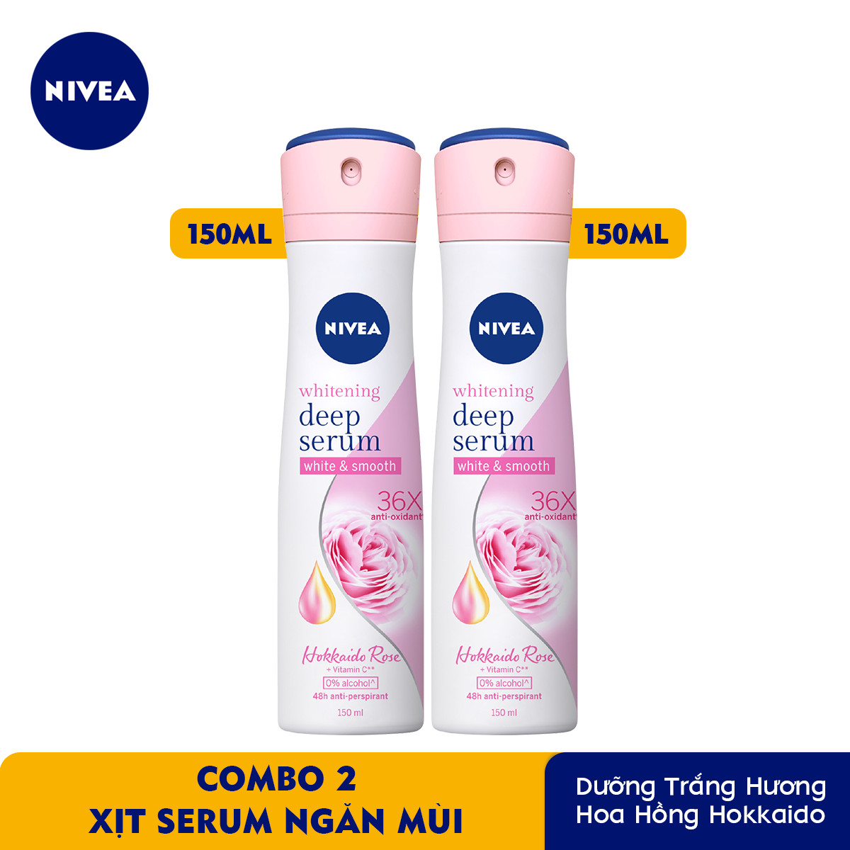 Combo 2 Xịt Serum Ngăn Mùi NIVEA Trắng Mịn Hương Hoa Hồng Hokkaido (150ml) - 85304