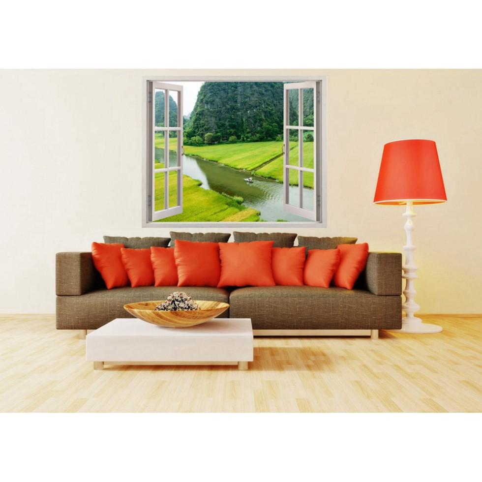 Tranh dán tường cửa sổ 3D dòng sông quê hương 0235