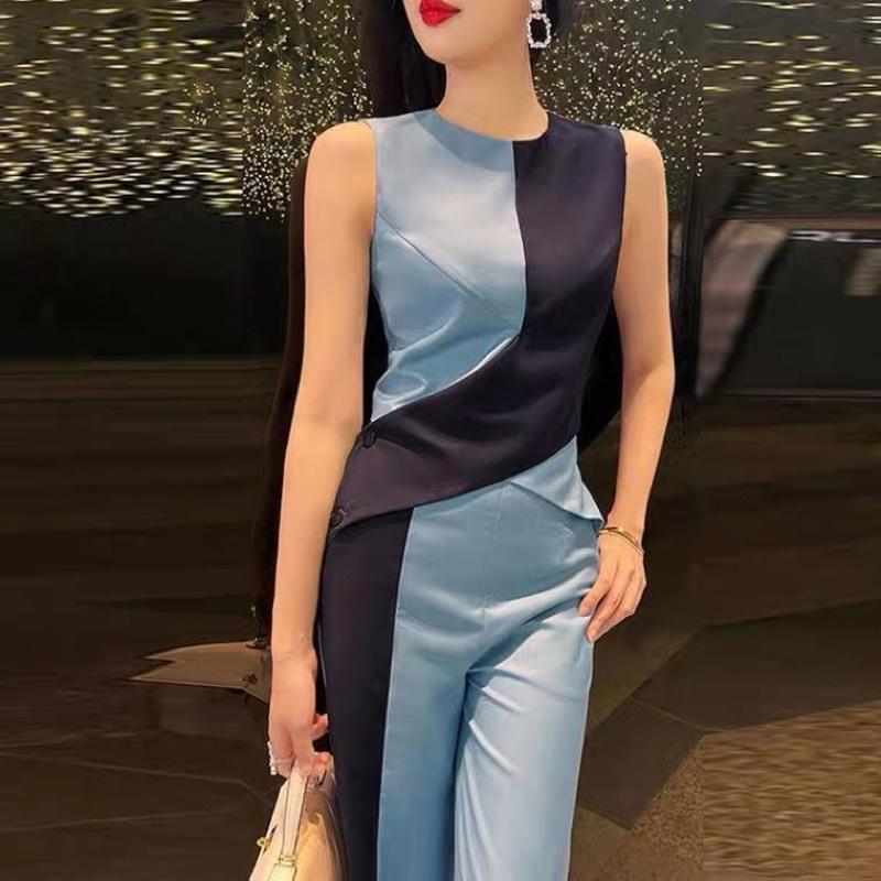 Bộ Áo Cổ Tròn Phối Màu Tương Phản + Quần Ống Rộng Lưng Cao Thời Trang Cho Nữ